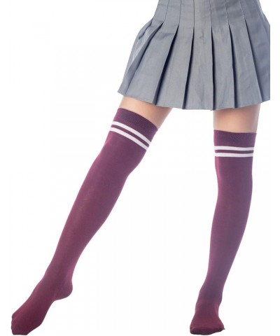 Women's Football Style Stripes Sports Hold-up Thigh High Long Socks Burgundy $10.27 Activewear