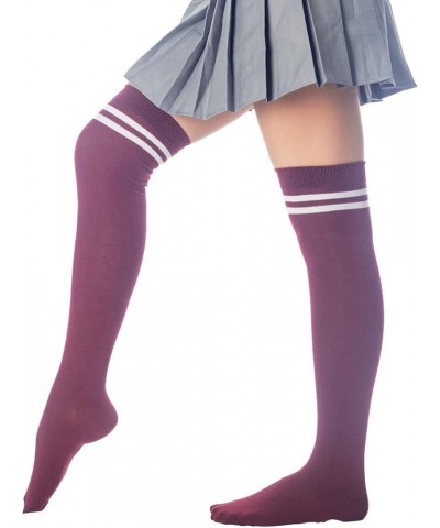 Women's Football Style Stripes Sports Hold-up Thigh High Long Socks Burgundy $10.27 Activewear