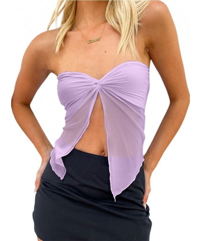 Women's Sheer Mesh Twist Split Front Asymmetrical Tube Top Strapless Bandeau Crop Top Backless Shirt Purple $10.50 T-Shirts