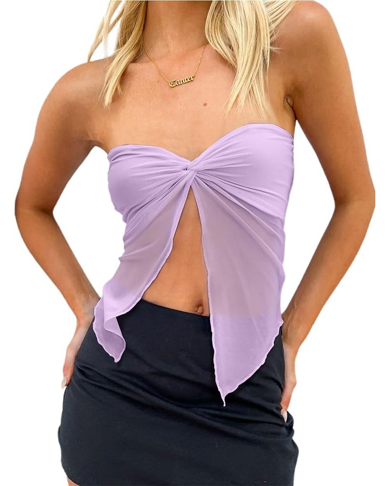 Women's Sheer Mesh Twist Split Front Asymmetrical Tube Top Strapless Bandeau Crop Top Backless Shirt Purple $10.50 T-Shirts