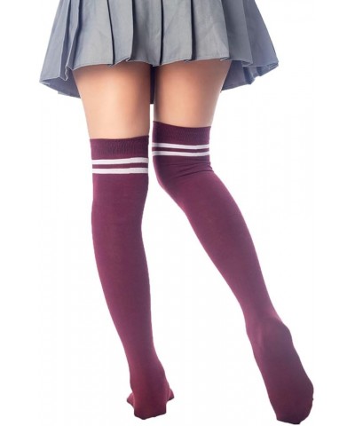 Women's Football Style Stripes Sports Hold-up Thigh High Long Socks Burgundy $10.27 Activewear