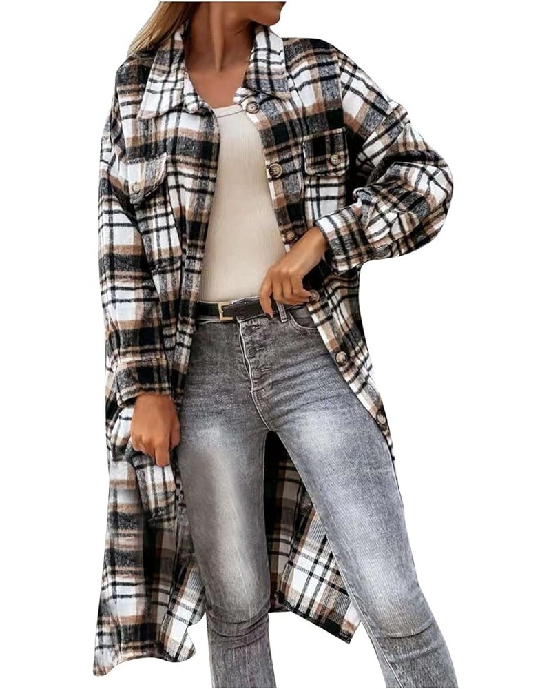 Plaid Shacket Jacket Women Casual Lapel Button Down Shirts Fall Winter Long Sleeve Mid Length Outwear Blouse Coats 3-brown $9...