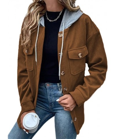 Women Shacket Jacket Long Sleeve Button Down Corduroy Shirt Jacket Plus Size Fall Hooded Coat With Pocket Khaki $32.44 Jackets