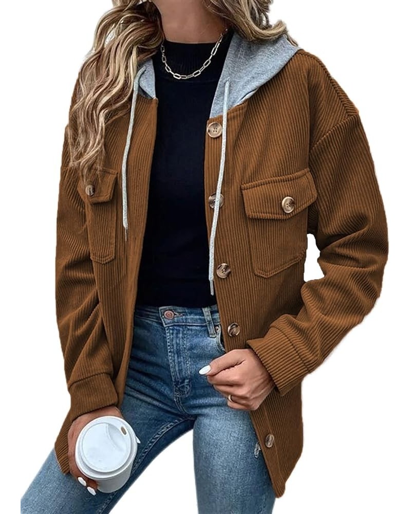 Women Shacket Jacket Long Sleeve Button Down Corduroy Shirt Jacket Plus Size Fall Hooded Coat With Pocket Khaki $32.44 Jackets