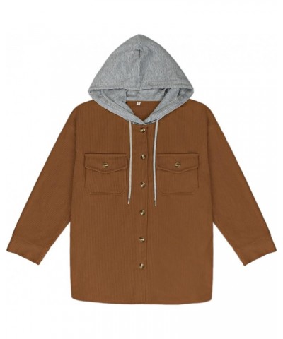 Women Shacket Jacket Long Sleeve Button Down Corduroy Shirt Jacket Plus Size Fall Hooded Coat With Pocket Khaki $32.44 Jackets