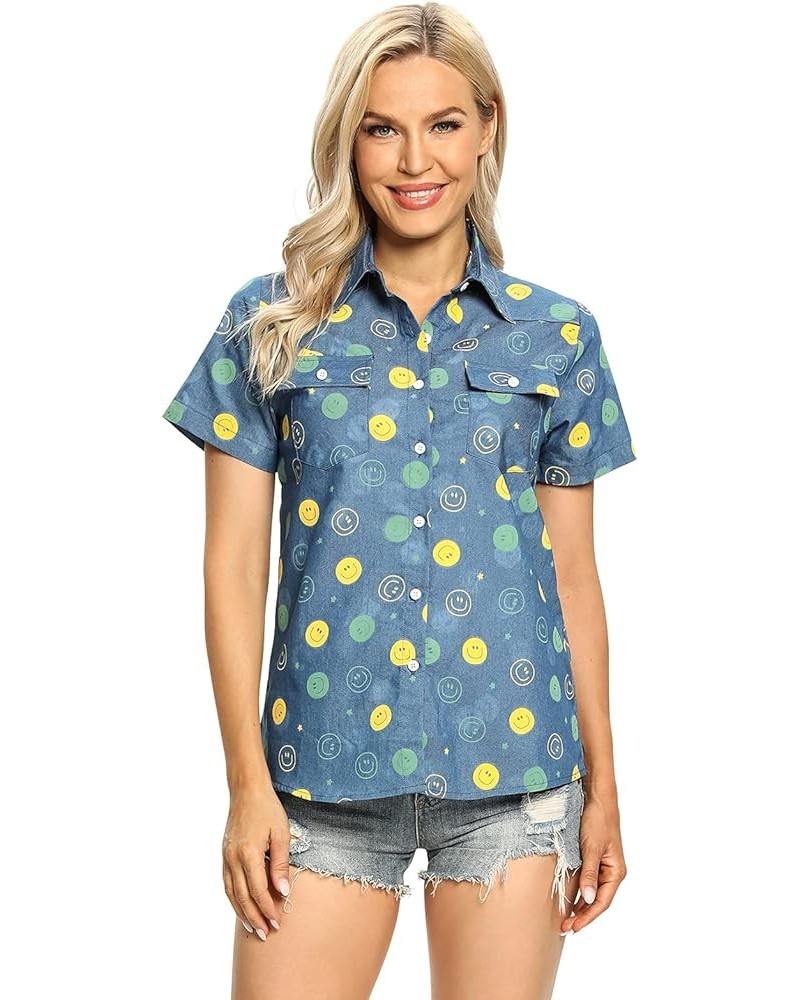 Women's Lightweight Short Sleeve Button Down Denim Chambray Shirt Casual Summer Tops Collared Blouse 5 Blue $15.65 Blouses