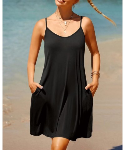 Women's Summer Spaghetti Strap Sundresses Casual Tank Top Dress with Pockets Swim Cover Up Dress Black $12.00 Dresses