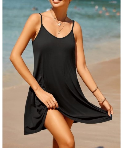 Women's Summer Spaghetti Strap Sundresses Casual Tank Top Dress with Pockets Swim Cover Up Dress Black $12.00 Dresses