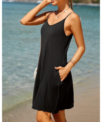 Women's Summer Spaghetti Strap Sundresses Casual Tank Top Dress with Pockets Swim Cover Up Dress Black $12.00 Dresses