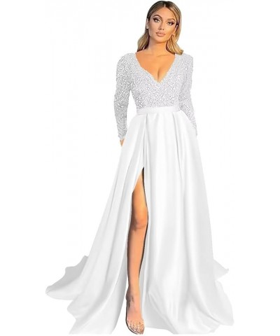 Long Sleeve Sequin Prom Dresses V Neck Sexy Slit Satin Gowns and Evening Dresses with Pocket White $44.54 Dresses