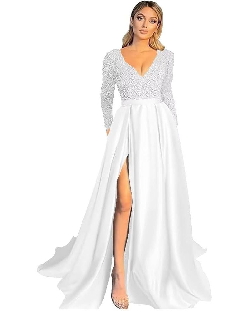 Long Sleeve Sequin Prom Dresses V Neck Sexy Slit Satin Gowns and Evening Dresses with Pocket White $44.54 Dresses