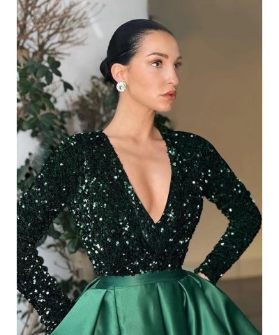 Long Sleeve Sequin Prom Dresses V Neck Sexy Slit Satin Gowns and Evening Dresses with Pocket White $44.54 Dresses