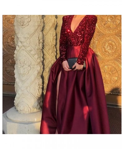 Long Sleeve Sequin Prom Dresses V Neck Sexy Slit Satin Gowns and Evening Dresses with Pocket White $44.54 Dresses