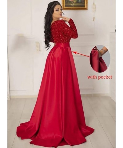 Long Sleeve Sequin Prom Dresses V Neck Sexy Slit Satin Gowns and Evening Dresses with Pocket White $44.54 Dresses