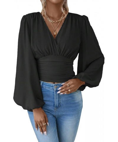 Women's Lantern Sleeve Ruched Crop Blouse Wrap Front V Neck Shirt Top Black Solid $15.75 Blouses