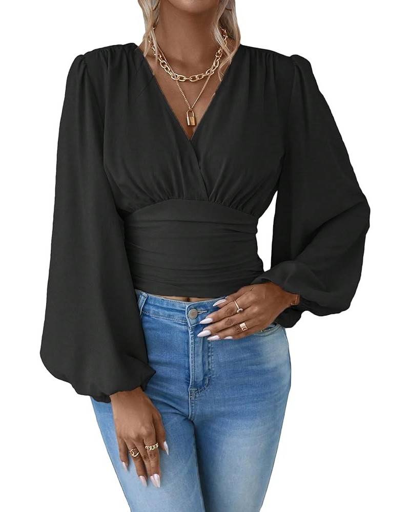 Women's Lantern Sleeve Ruched Crop Blouse Wrap Front V Neck Shirt Top Black Solid $15.75 Blouses