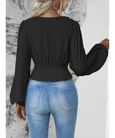 Women's Lantern Sleeve Ruched Crop Blouse Wrap Front V Neck Shirt Top Black Solid $15.75 Blouses