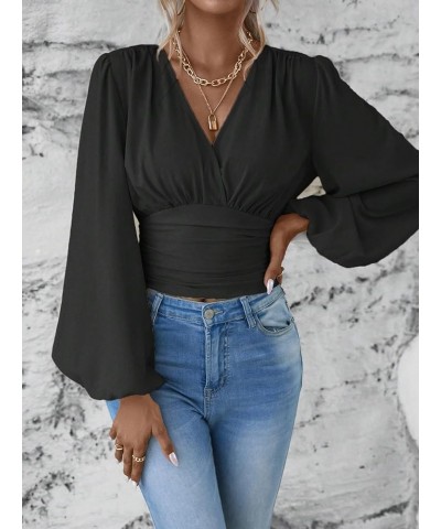 Women's Lantern Sleeve Ruched Crop Blouse Wrap Front V Neck Shirt Top Black Solid $15.75 Blouses