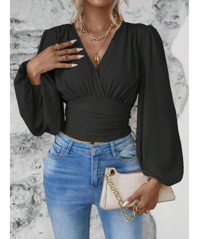 Women's Lantern Sleeve Ruched Crop Blouse Wrap Front V Neck Shirt Top Black Solid $15.75 Blouses