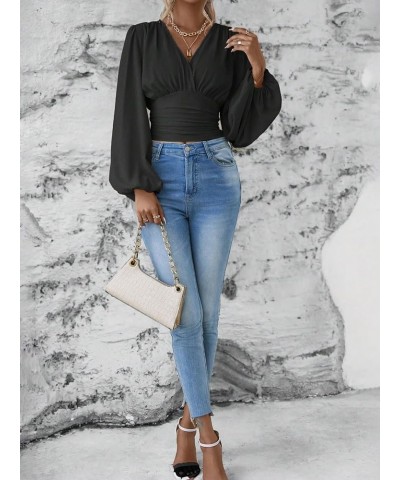 Women's Lantern Sleeve Ruched Crop Blouse Wrap Front V Neck Shirt Top Black Solid $15.75 Blouses