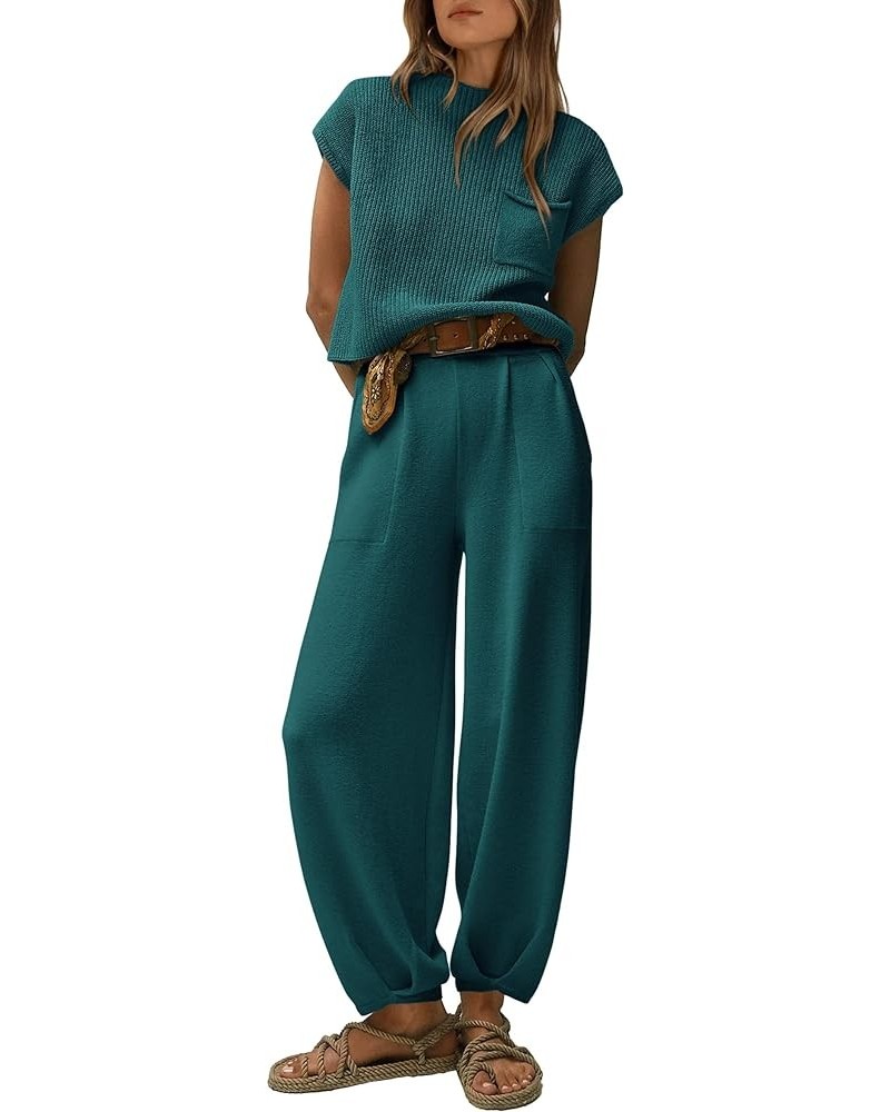 Womens Two Piece Outfits Sweater Sets Knit Pullover Tops And High Waisted Pants Matching Tracksuit Sweatsuit Set Blue Green $...