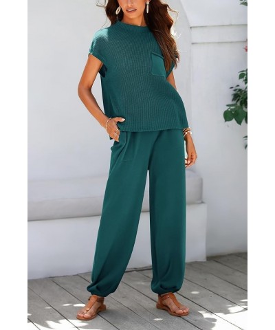 Womens Two Piece Outfits Sweater Sets Knit Pullover Tops And High Waisted Pants Matching Tracksuit Sweatsuit Set Blue Green $...