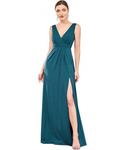 Women's V-Neck Glitter Dress Side Split Evening Dress 7505 Teal $37.22 Dresses