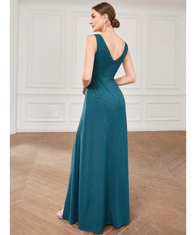 Women's V-Neck Glitter Dress Side Split Evening Dress 7505 Teal $37.22 Dresses