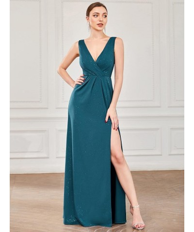 Women's V-Neck Glitter Dress Side Split Evening Dress 7505 Teal $37.22 Dresses