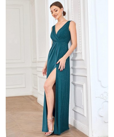 Women's V-Neck Glitter Dress Side Split Evening Dress 7505 Teal $37.22 Dresses