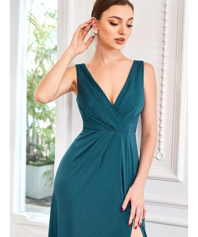 Women's V-Neck Glitter Dress Side Split Evening Dress 7505 Teal $37.22 Dresses