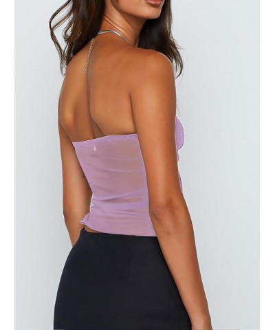 Women's Sheer Mesh Twist Split Front Asymmetrical Tube Top Strapless Bandeau Crop Top Backless Shirt Purple $10.50 T-Shirts