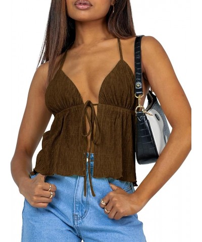 Women Sexy Halterneck Y2k Tops Slit Front Tie Crop Tops Sleeveless Spaghetti Strap Vests Slim Fit Strappy Tank Tops Brown $11...