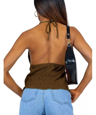 Women Sexy Halterneck Y2k Tops Slit Front Tie Crop Tops Sleeveless Spaghetti Strap Vests Slim Fit Strappy Tank Tops Brown $11...