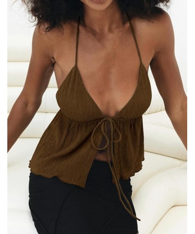 Women Sexy Halterneck Y2k Tops Slit Front Tie Crop Tops Sleeveless Spaghetti Strap Vests Slim Fit Strappy Tank Tops Brown $11...