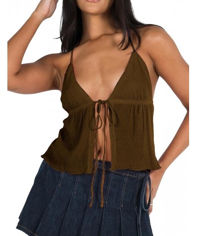 Women Sexy Halterneck Y2k Tops Slit Front Tie Crop Tops Sleeveless Spaghetti Strap Vests Slim Fit Strappy Tank Tops Brown $11...