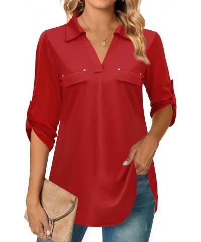 Women's 3/4 Roll Tab Sleeves Stretchy V-neck Tunic Tops/Decorative Front Pockets Blouses for Business Casual (S-XXL) Red $15....