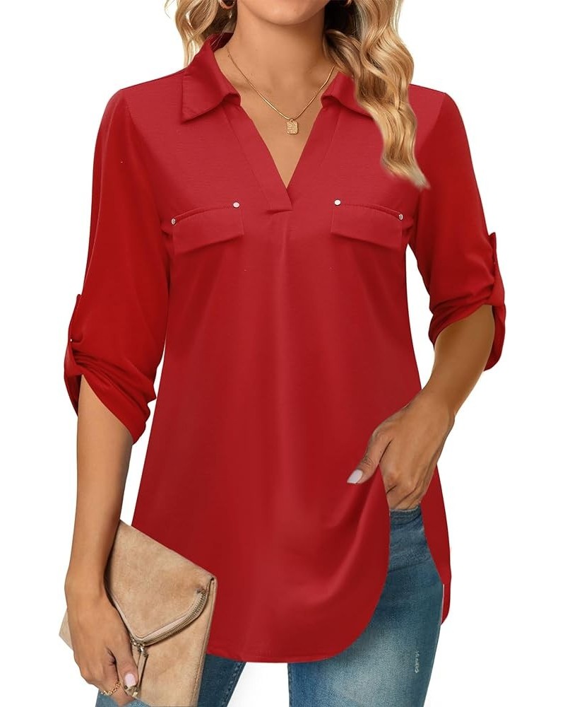 Women's 3/4 Roll Tab Sleeves Stretchy V-neck Tunic Tops/Decorative Front Pockets Blouses for Business Casual (S-XXL) Red $15....