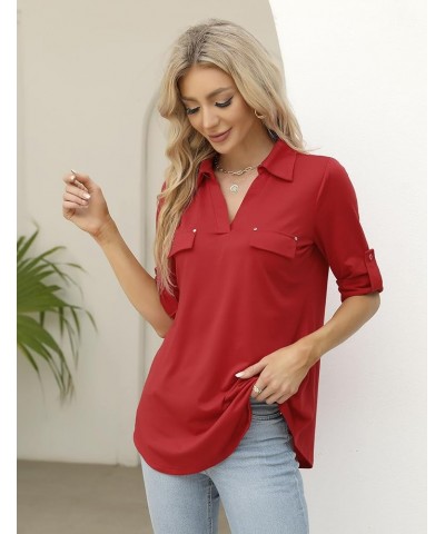 Women's 3/4 Roll Tab Sleeves Stretchy V-neck Tunic Tops/Decorative Front Pockets Blouses for Business Casual (S-XXL) Red $15....