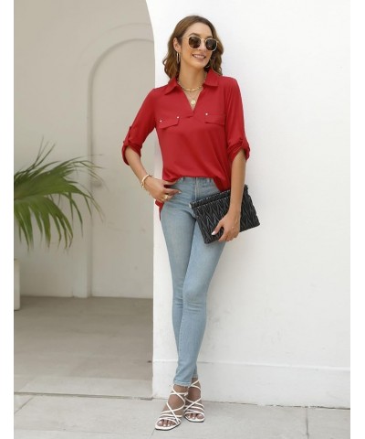 Women's 3/4 Roll Tab Sleeves Stretchy V-neck Tunic Tops/Decorative Front Pockets Blouses for Business Casual (S-XXL) Red $15....