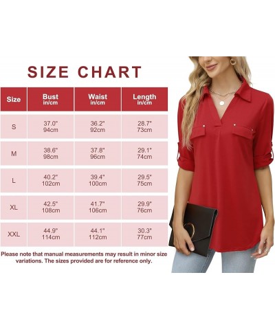 Women's 3/4 Roll Tab Sleeves Stretchy V-neck Tunic Tops/Decorative Front Pockets Blouses for Business Casual (S-XXL) Red $15....