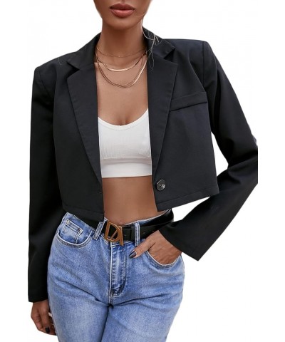 Women's Lapel Neck Single Button Long Sleeve Casual Work Crop Blazer Jacket Solid Black $22.79 Blazers