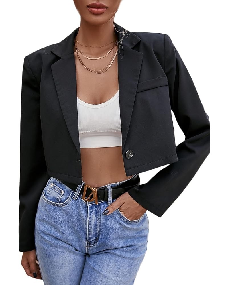 Women's Lapel Neck Single Button Long Sleeve Casual Work Crop Blazer Jacket Solid Black $22.79 Blazers