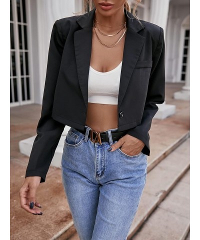 Women's Lapel Neck Single Button Long Sleeve Casual Work Crop Blazer Jacket Solid Black $22.79 Blazers