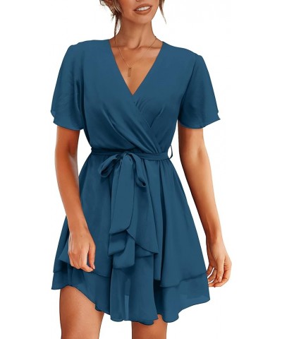 Women's 2024 Summer Short Sleeve V Neck Dresses Elegant Solid Tie Waist Swing Ruffle Faux Wrap Party Mini Dress Solid Lake Bl...