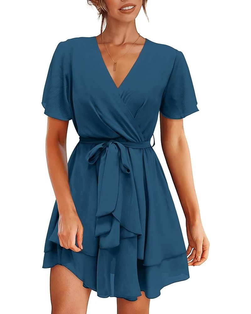 Women's 2024 Summer Short Sleeve V Neck Dresses Elegant Solid Tie Waist Swing Ruffle Faux Wrap Party Mini Dress Solid Lake Bl...