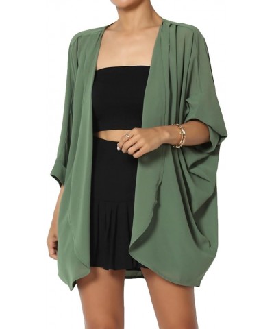 Women's Semi Sheer Chiffon Kimono Cardigan Solid Casual Summer Beach Cover Up Pleated Dusty Olive $13.50 Swimsuits