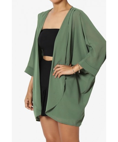 Women's Semi Sheer Chiffon Kimono Cardigan Solid Casual Summer Beach Cover Up Pleated Dusty Olive $13.50 Swimsuits