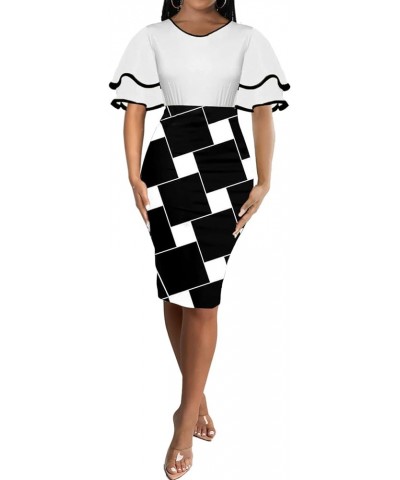 Elegant Dresses for Women Sexy Ruffles Sleeve Stretchy Vintage Cocktail Dress with Zipper White/Geometric $21.59 Dresses