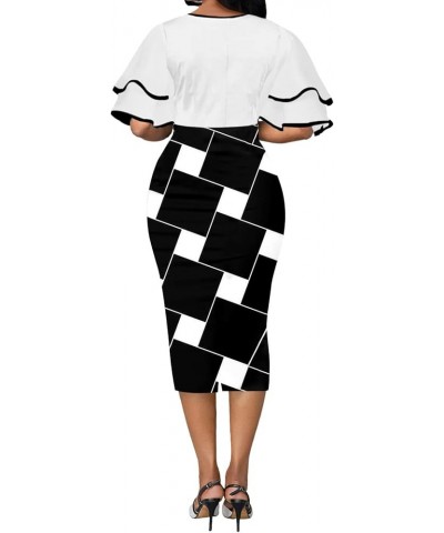 Elegant Dresses for Women Sexy Ruffles Sleeve Stretchy Vintage Cocktail Dress with Zipper White/Geometric $21.59 Dresses